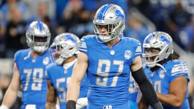 Detroit Lions edge rusher Aidan Hutchinson during the NFC divisional round against the Tampa Bay Buccaneers.